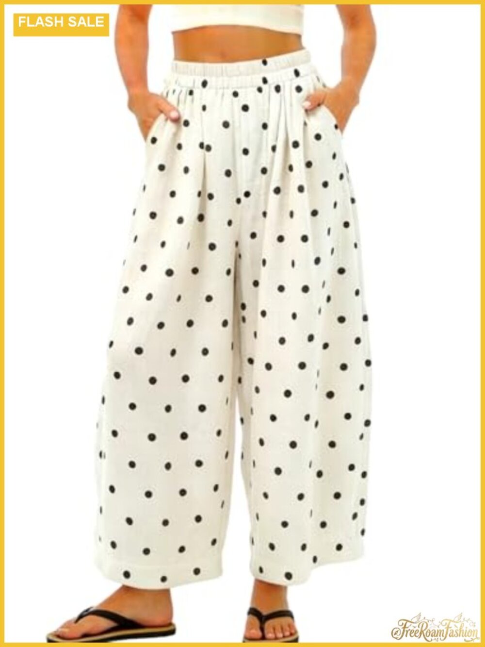 Women's Cotton Linen Polka Dot Wide Leg Palazzo Pants with Pockets